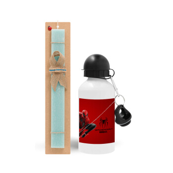 Spiderman, Easter Set, metallic aluminum water bottle (500ml) & scented flat candle (30cm) (TURQUOISE)