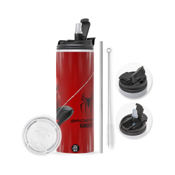 Spiderman, Travel Tumbler 2 Lids, with metal straw & cleaning brush (Stainless steel 304 Food grade, BPA free, 600ml)