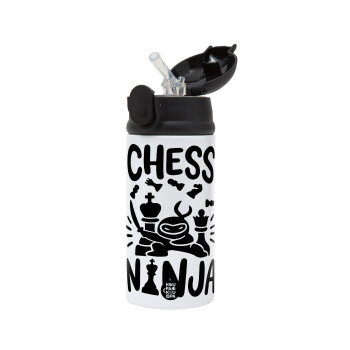 Chess ninja, Children's hot water bottle, stainless steel, with safety straw, Black (360ml) BPA-FREE