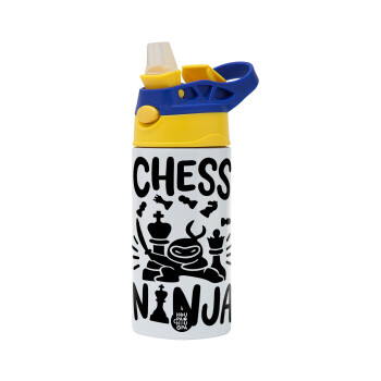 Chess ninja, Children's hot water bottle, stainless steel, with safety straw, green, blue (360ml) BPA FREE