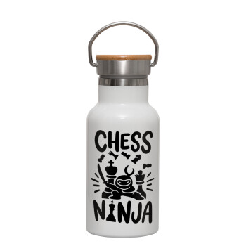 Chess ninja, Μεταλλικό παγούρι θερμός (Stainless steel) Λευκό με ξύλινο καπακι (bamboo), διπλού τοιχώματος, 350ml