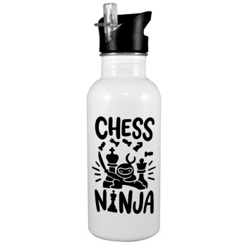 Chess ninja, White water bottle with straw, stainless steel 600ml