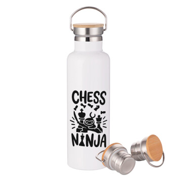 Chess ninja, Μεταλλικό παγούρι θερμός (Stainless steel) Λευκό με ξύλινο καπακι (bamboo), διπλού τοιχώματος, 750ml