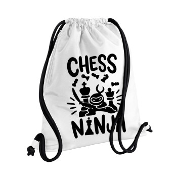 Chess ninja, Τσάντα πλάτης πουγκί GYMBAG λευκή, με τσέπη (40x48cm) & χονδρά κορδόνια