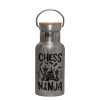 Stainless steel metallic thermos flask, silver with a bamboo lid, double-walled, 350ml.