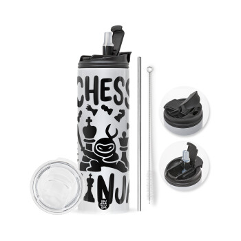 Chess ninja, Travel Tumbler θερμό με διπλό καπάκι, μεταλλικό καλαμάκι και βούρτσα καθαρισμού (Ανωξείδωτο 304 Food grade, BPA free, 600ml)