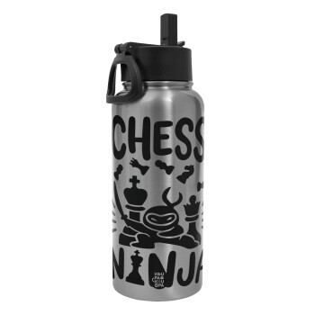 Chess ninja, Metal mug thermo Silver with Straw and Spout Lid (Stainless steel), double wall, 950ml