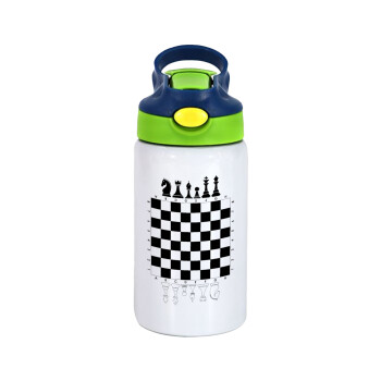 Chess, Children's hot water bottle, stainless steel, with safety straw, green, blue (350ml)
