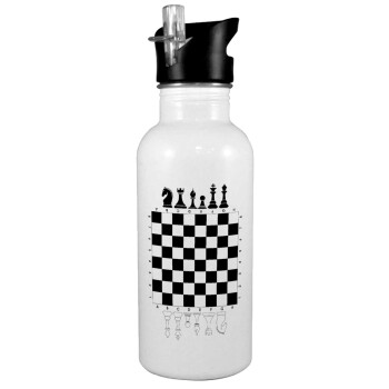 Chess, White water bottle with straw, stainless steel 600ml