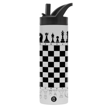 Σκάκι, Μεταλλικό παγούρι θερμός με καλαμάκι & χειρολαβή, ανοξείδωτο ατσάλι (Stainless steel 304), διπλού τοιχώματος, 600ml
