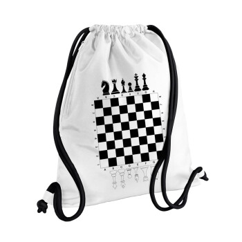Chess, Τσάντα πλάτης πουγκί GYMBAG λευκή, με τσέπη (40x48cm) & χονδρά κορδόνια