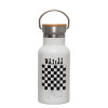 Metallic thermos (Stainless steel) White with wooden lid (bamboo), double-walled, 350ml