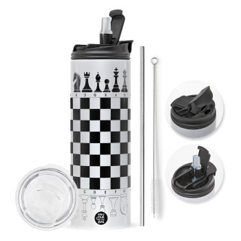 Chess, Travel Tumbler 2 Lids, with metal straw & cleaning brush (Stainless steel 304 Food grade, BPA free, 600ml)