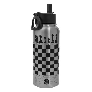 Chess, Metal mug thermo Silver with Straw and Spout Lid (Stainless steel), double wall, 950ml