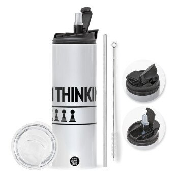 I'm thinking, Travel Tumbler θερμό με διπλό καπάκι, μεταλλικό καλαμάκι και βούρτσα καθαρισμού (Ανωξείδωτο 304 Food grade, BPA free, 600ml)