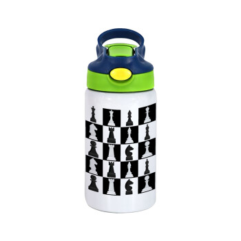 Chess set, Children's hot water bottle, stainless steel, with safety straw, green, blue (350ml)