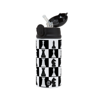 Chess set, Children's hot water bottle, stainless steel, with safety straw, Black (360ml) BPA-FREE