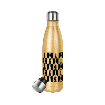 Chess set, Glitter gold stainless steel thermos bottle, double-walled, 500ml