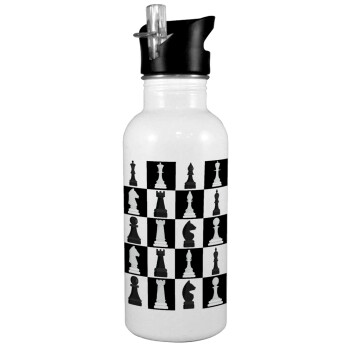 Chess set, White water bottle with straw, stainless steel 600ml