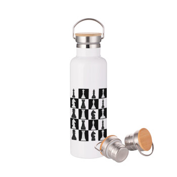 Chess set, Stainless steel White with wooden lid (bamboo), double wall, 750ml