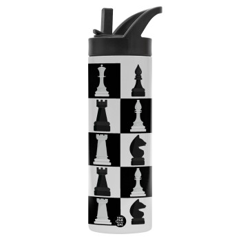 Chess set, Μεταλλικό παγούρι θερμός με καλαμάκι & χειρολαβή, ανοξείδωτο ατσάλι (Stainless steel 304), διπλού τοιχώματος, 600ml