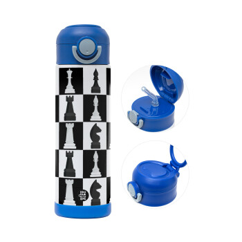 Chess set, Παιδικό παγούρι θερμό, ανοξείδωτο, με καλαμάκι ασφαλείας, ΜΠΛΕ (500ml)