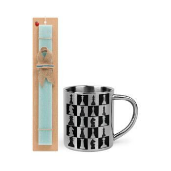 Chess set, Easter Set, metallic thermal cup (300ml) & aromatic flat Easter candle (30cm) (TURQUOISE)