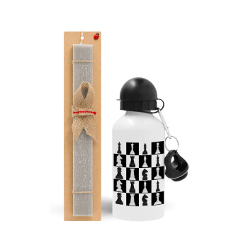 Chess set, Πασχαλινό Σετ, παγούρι μεταλλικό  αλουμινίου (500ml) & πασχαλινή λαμπάδα αρωματική πλακέ (30cm) (ΓΚΡΙ)