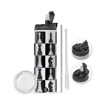 Chess set, Travel Tumbler θερμό με διπλό καπάκι, μεταλλικό καλαμάκι και βούρτσα καθαρισμού (Ανωξείδωτο 304 Food grade, BPA free, 600ml)