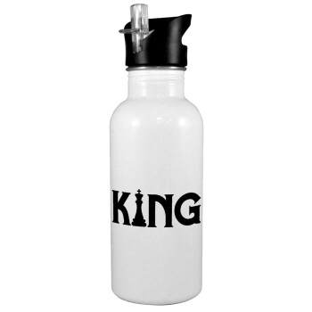 King chess, White water bottle with straw, stainless steel 600ml