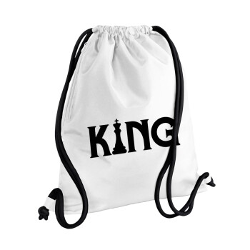 King chess, Τσάντα πλάτης πουγκί GYMBAG λευκή, με τσέπη (40x48cm) & χονδρά κορδόνια