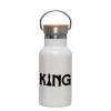 Metallic thermos (Stainless steel) White with wooden lid (bamboo), double-walled, 350ml