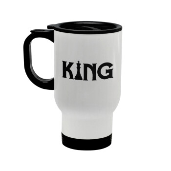 King chess, Stainless steel travel mug with lid, double wall white 450ml