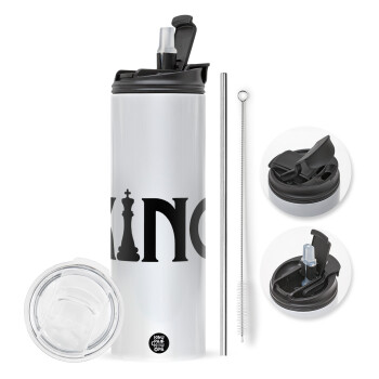 King chess, Travel Tumbler 2 Lids, with metal straw & cleaning brush (Stainless steel 304 Food grade, BPA free, 600ml)