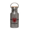 Stainless steel metallic thermos flask, silver with a bamboo lid, double-walled, 350ml.