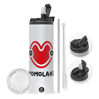 Momoland, Travel Tumbler θερμό με διπλό καπάκι, μεταλλικό καλαμάκι και βούρτσα καθαρισμού (Ανωξείδωτο 304 Food grade, BPA free, 600ml)