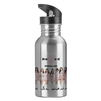 Momoland pink, Water bottle Silver with straw, stainless steel 600ml