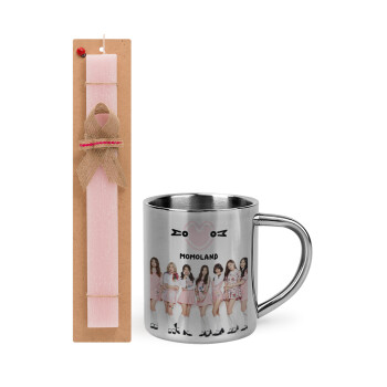 Momoland pink, Πασχαλινό Σετ, μεταλλική κούπα θερμό (300ml) & πασχαλινή λαμπάδα αρωματική πλακέ (30cm) (ΡΟΖ)