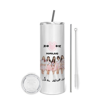 Momoland pink, Eco friendly ποτήρι θερμό (tumbler) από ανοξείδωτο ατσάλι 600ml, με μεταλλικό καλαμάκι & βούρτσα καθαρισμού