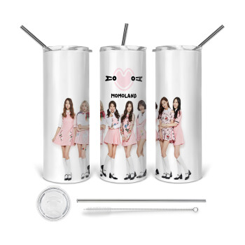 Momoland pink, Tumbler ποτήρι θερμό από ανοξείδωτο ατσάλι 600ml, με μεταλλικό καλαμάκι & βούρτσα καθαρισμού