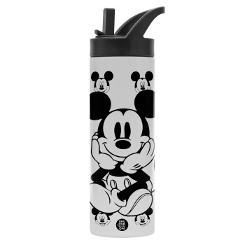 Mickey, Μεταλλικό παγούρι θερμός με καλαμάκι & χειρολαβή, ανοξείδωτο ατσάλι (Stainless steel 304), διπλού τοιχώματος, 600ml