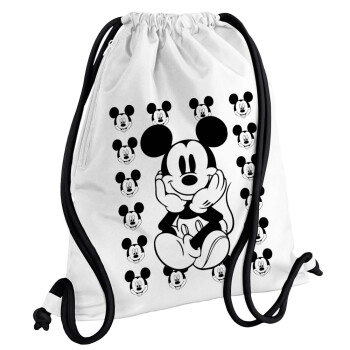 Mickey, Τσάντα πλάτης πουγκί GYMBAG λευκή, με τσέπη (40x48cm) & χονδρά κορδόνια