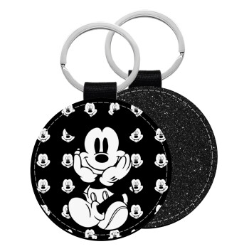 Mickey, Μπρελόκ Δερματίνη, στρογγυλό ΜΑΥΡΟ (5cm)