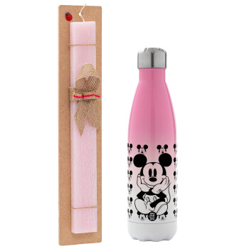 Mickey, Easter Set, Metallic pink/white (Stainless steel) thermos, double-walled, 500ml & aromatic flat Easter candle (30cm) (PINK)