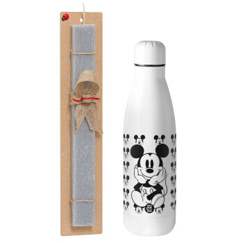 Mickey, Πασχαλινό Σετ, μεταλλικό παγούρι Inox (700ml) & πασχαλινή λαμπάδα αρωματική πλακέ (30cm) (ΓΚΡΙ)