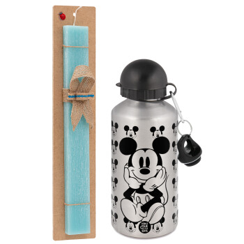 Mickey, Easter Set, metallic silver aluminum water bottle (500ml) & scented flat Easter candle (30cm) (TURQUOISE)