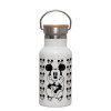 Metallic thermos (Stainless steel) White with wooden lid (bamboo), double-walled, 350ml