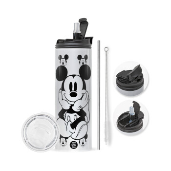 Mickey, Travel Tumbler θερμό με διπλό καπάκι, μεταλλικό καλαμάκι και βούρτσα καθαρισμού (Ανωξείδωτο 304 Food grade, BPA free, 600ml)