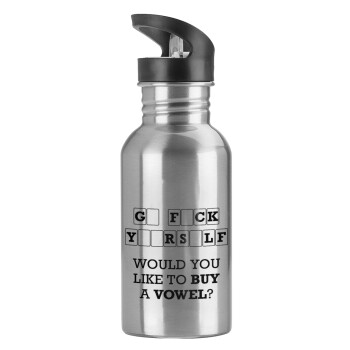 Wheel of fortune, go f..k yourself, Water bottle Silver with straw, stainless steel 600ml
