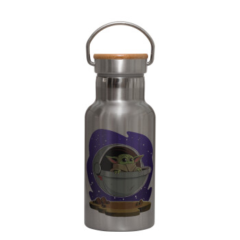 Baby Yoda mandalorian, Stainless steel metallic thermos flask, silver with a bamboo lid, double-walled, 350ml.